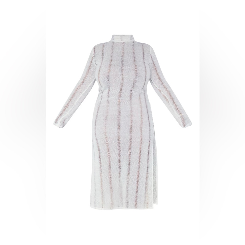 Plus Cream Distressed Long Sleeve Midi Dress